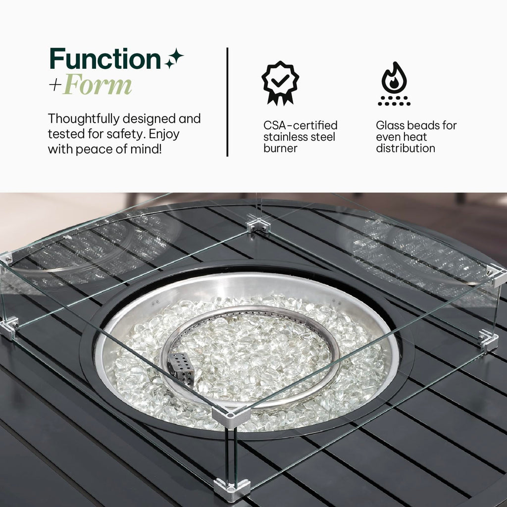 Propane FirePit Table: 50,000 BTU Aluminum Slat Top with Lid, Stainless Steel Burner, Windguard, 8KG Glass Beads, 300D PVC Cover, CSA-Listed