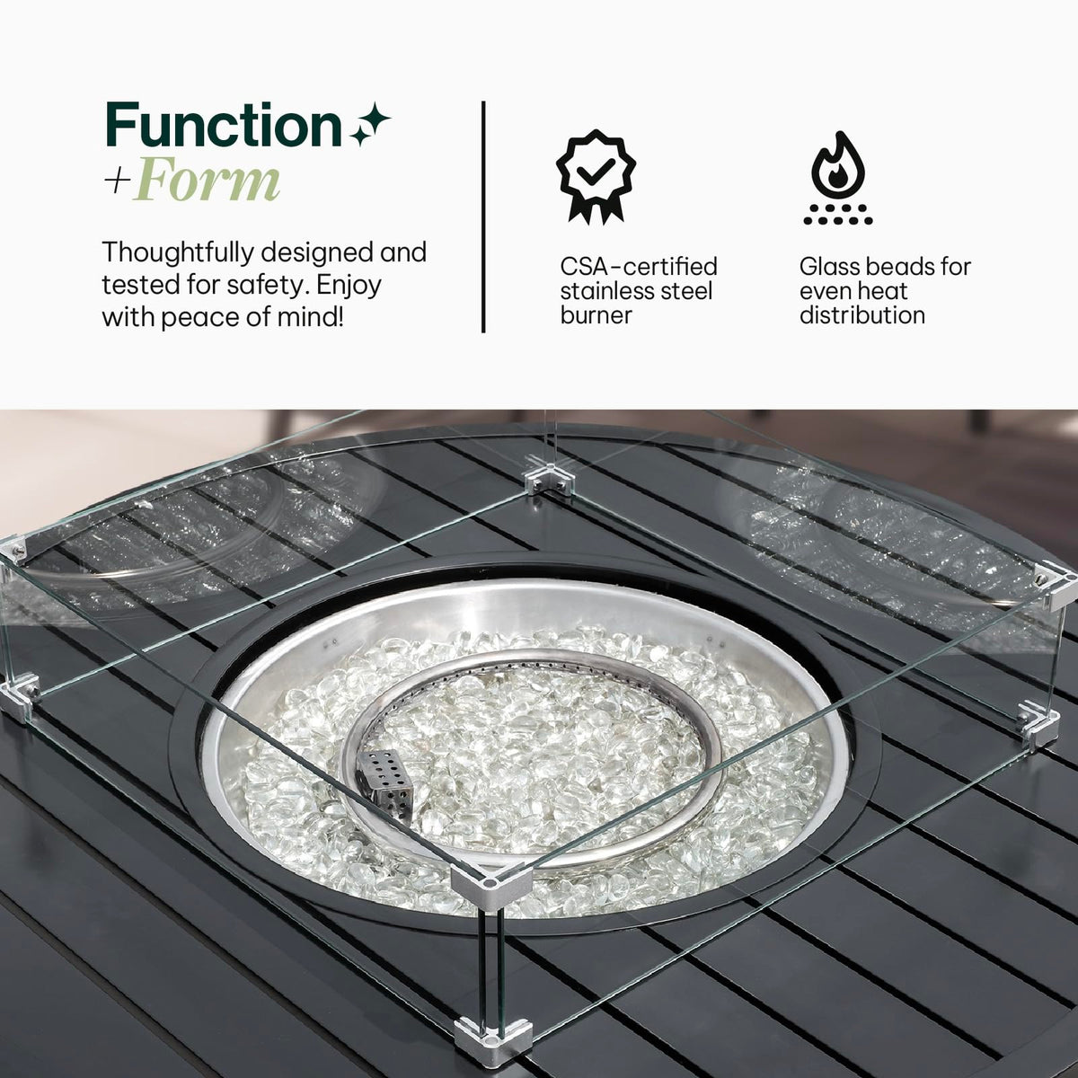 Propane FirePit Table: 50,000 BTU Aluminum Slat Top with Lid, Stainless Steel Burner, Windguard, 8KG Glass Beads, 300D PVC Cover, CSA-Listed