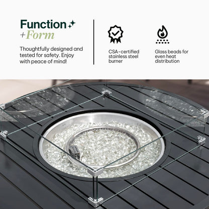 Propane FirePit Table: 50,000 BTU Aluminum Slat Top with Lid, Stainless Steel Burner, Windguard, 8KG Glass Beads, 300D PVC Cover, CSA-Listed