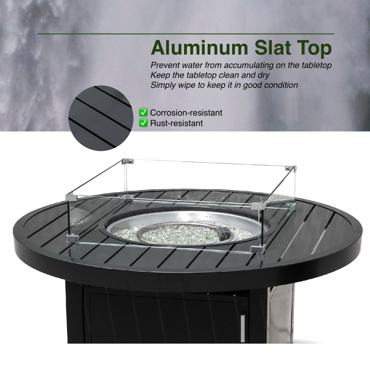 Propane FirePit Table: 50,000 BTU Aluminum Slat Top with Lid, Stainless Steel Burner, Windguard, 8KG Glass Beads, 300D PVC Cover, CSA-Listed