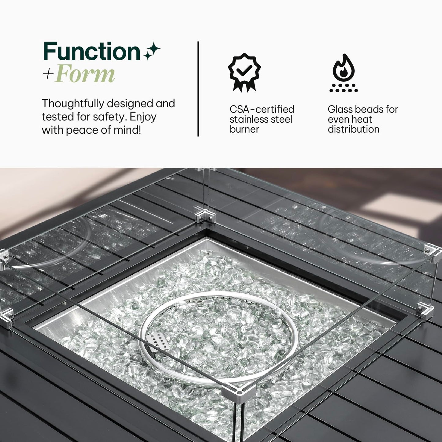 Propane FirePit Table: 50,000 BTU Aluminum Slat Top with Lid, Stainless Steel Burner, Windguard, 8KG Glass Beads, 300D PVC Cover, CSA-Listed