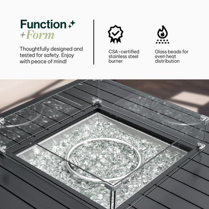 Propane FirePit Table: 50,000 BTU Aluminum Slat Top with Lid, Stainless Steel Burner, Windguard, 8KG Glass Beads, 300D PVC Cover, CSA-Listed