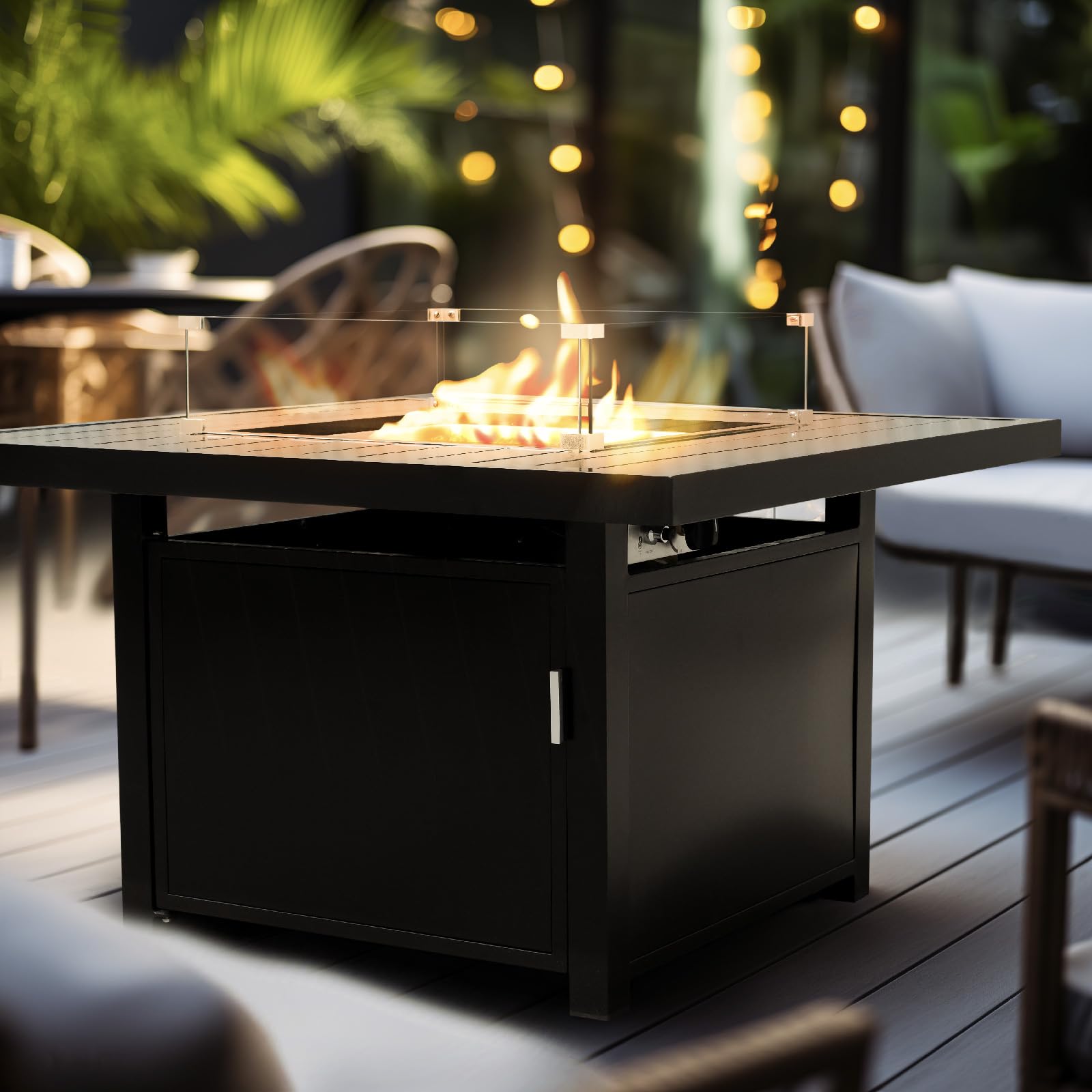 Propane FirePit Table: 50,000 BTU Aluminum Slat Top with Lid, Stainless Steel Burner, Windguard, 8KG Glass Beads, 300D PVC Cover, CSA-Listed