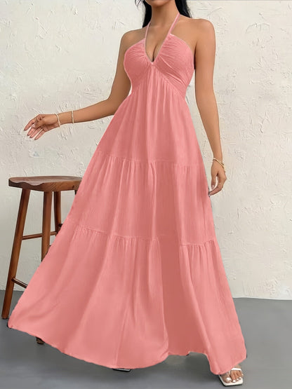 Backless Halterneck V-Neck Pleated A- Line Dress Women's Clothing One-Piece Dress Ankle-length Skirt For Beach Vacation Outfits