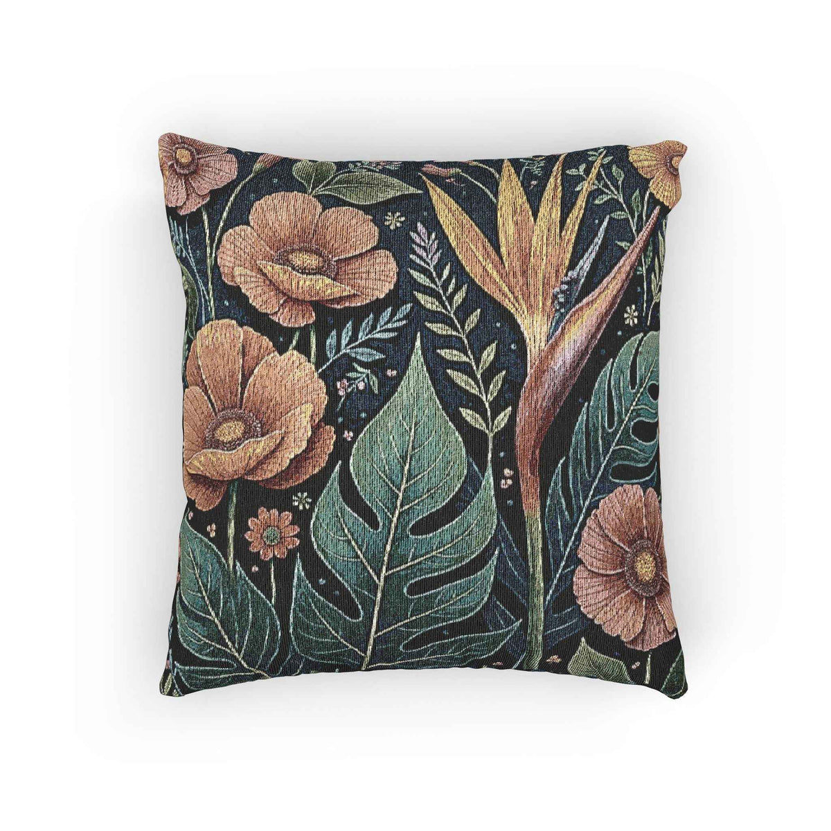 Tropical Floral tapestry pillow | woven botanical throw pillow, vintage jungle design