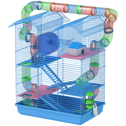 18.5" Hamster Cage, 5 Tiers Small Animal House with Tunnel Tube System, Exercise Wheel, Water Bottle, Blue