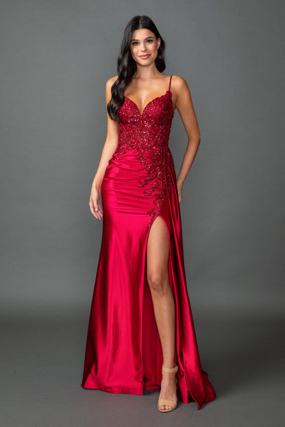Sequin Applique Bodice Prom Dress with Spaghetti Straps