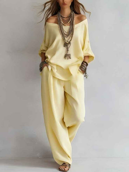 Off-shouder Suits Fashion Three-quarter Sleeves Top And Loose Pockets Wide-Leg Pants Set Women's Clothing
