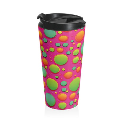 Colorful Bubble Pattern Travel Mug — Bright Pink Neon Insulated Tumbler