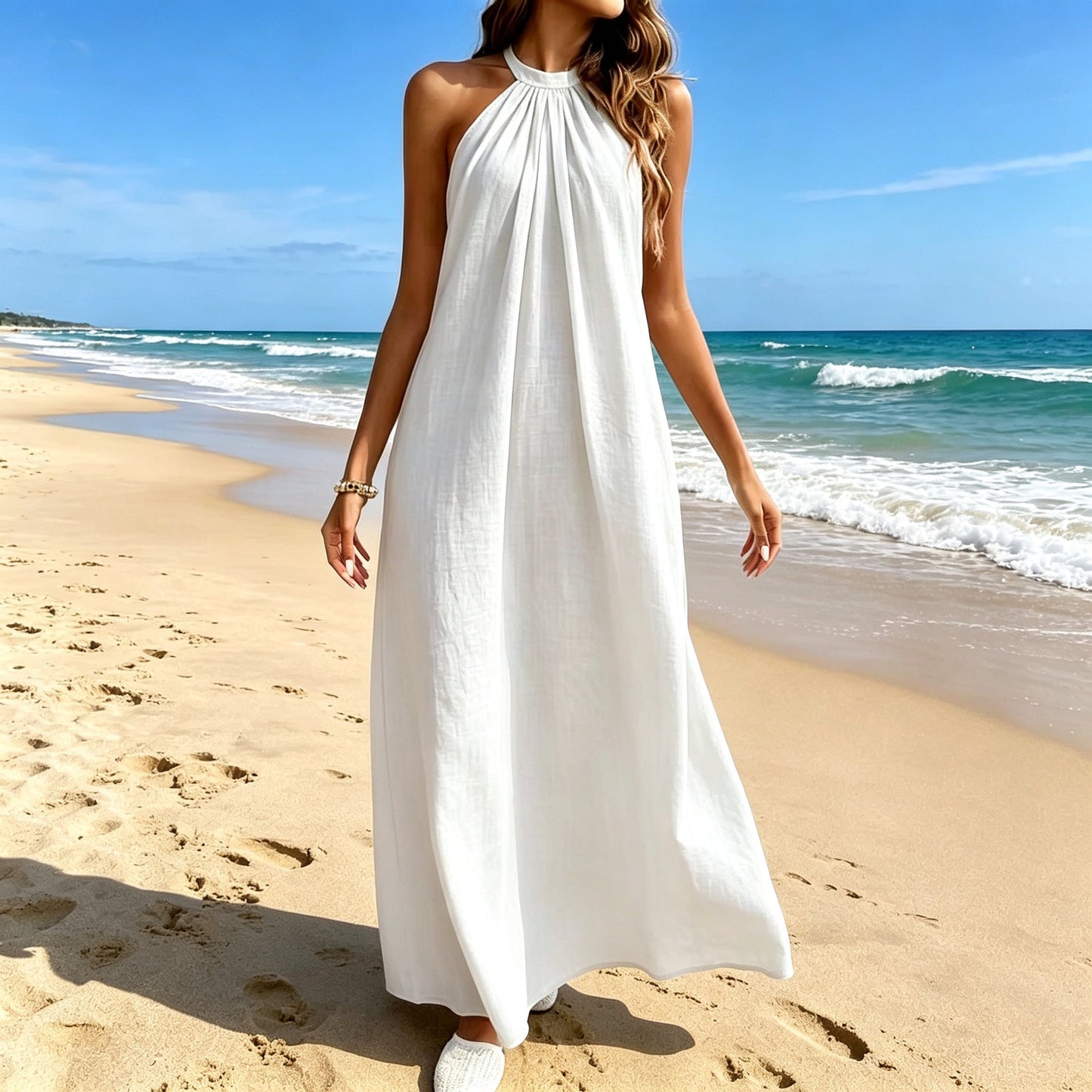 The Ladys Dress Is A Sexy Halter-neck Loose-fitting Style