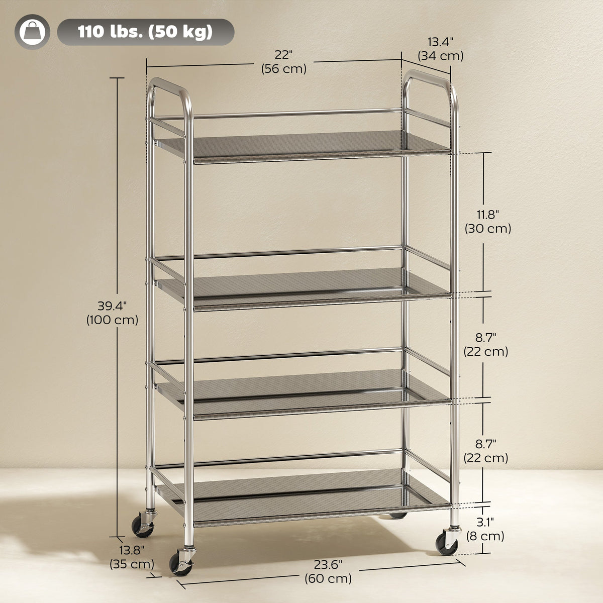 3 Tier Stainless Steel Rolling Cart with Adjustable Shelf, Utility Cart on Wheels with Handles for Kitchen, Silver