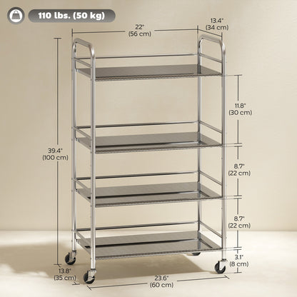 3 Tier Stainless Steel Rolling Cart with Adjustable Shelf, Utility Cart on Wheels with Handles for Kitchen, Silver
