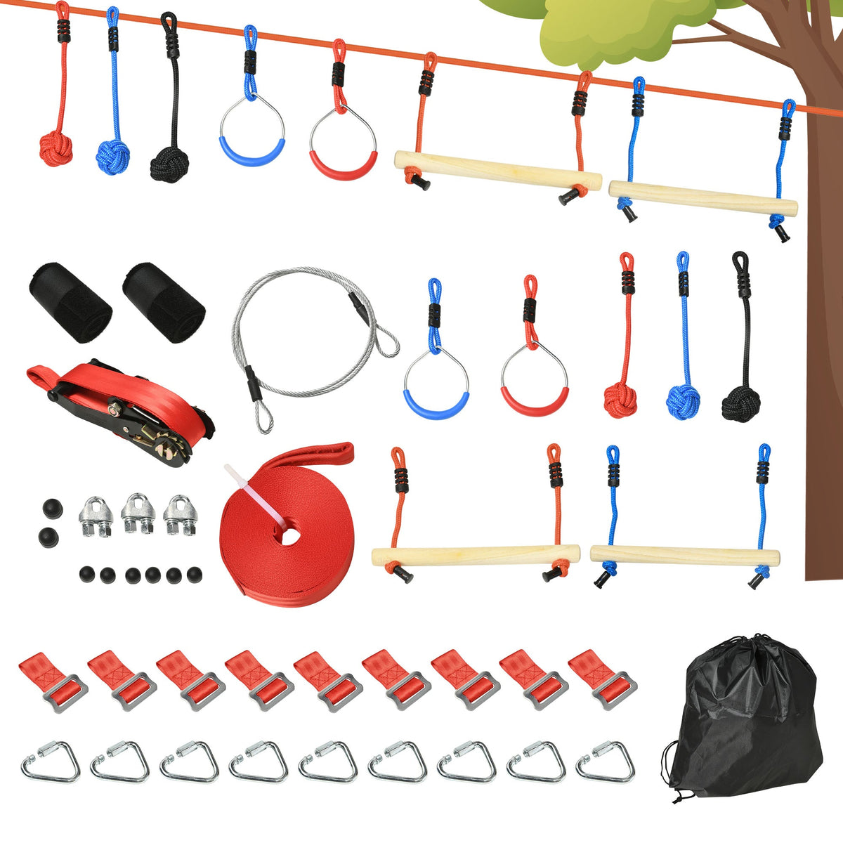 Ninja Slackline Set, 30-Piece, 10m Rope with Obstacles, Climbing Frame, Playset Equipment for Children Aged 3-6
