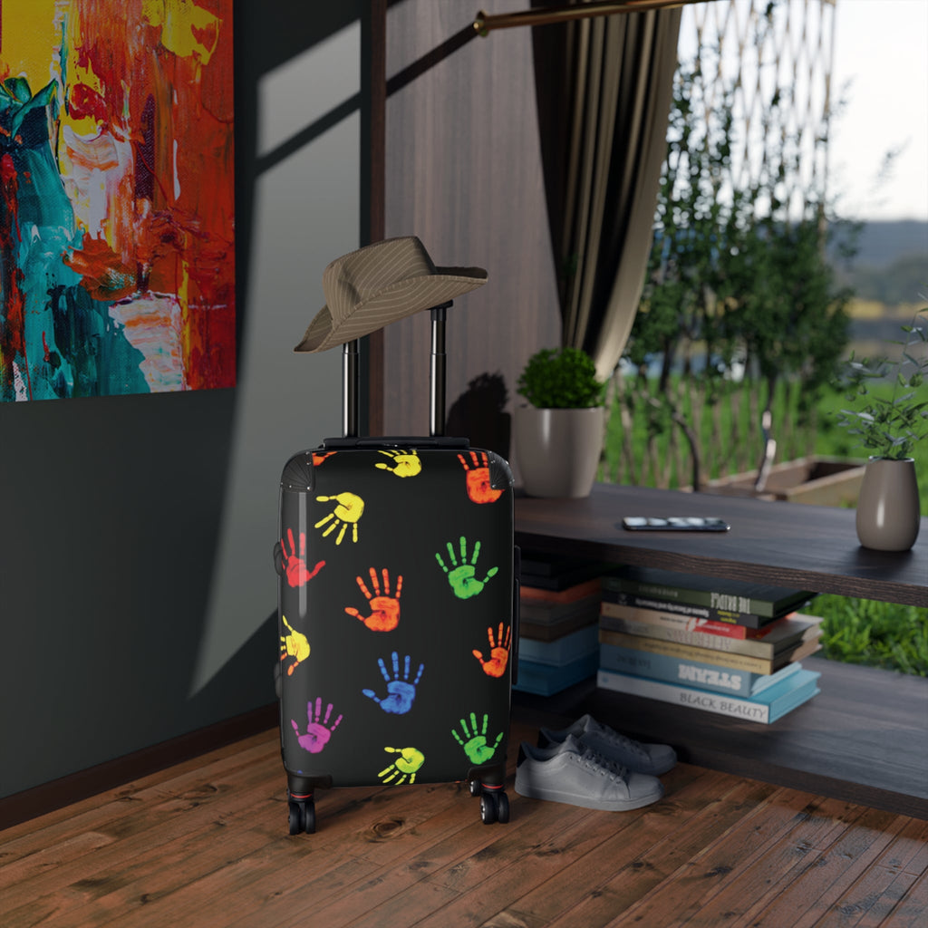 Colorful Handprint Carry-On Suitcase — Kids Travel Luggage with Rainbow Handprints