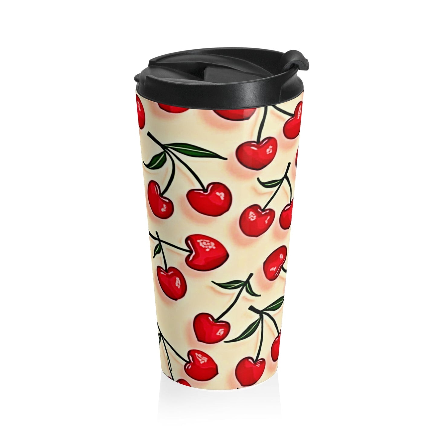 Cherry Pattern Stainless Steel Travel Mug — Retro Red Cherries Thermal Tumbler