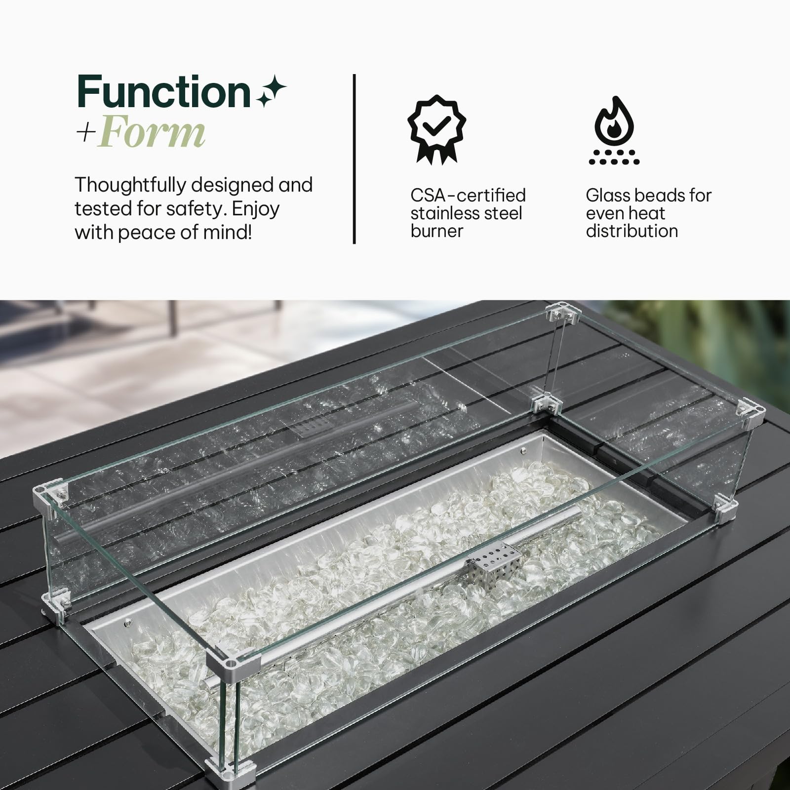 Propane FirePit Table: 50,000 BTU Aluminum Slat Top with Lid, Stainless Steel Burner, Windguard, 8KG Glass Beads, 300D PVC Cover, CSA-Listed