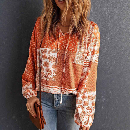 Women's Long-sleeved Printed Ethnic Blouse T-shirt Shirt