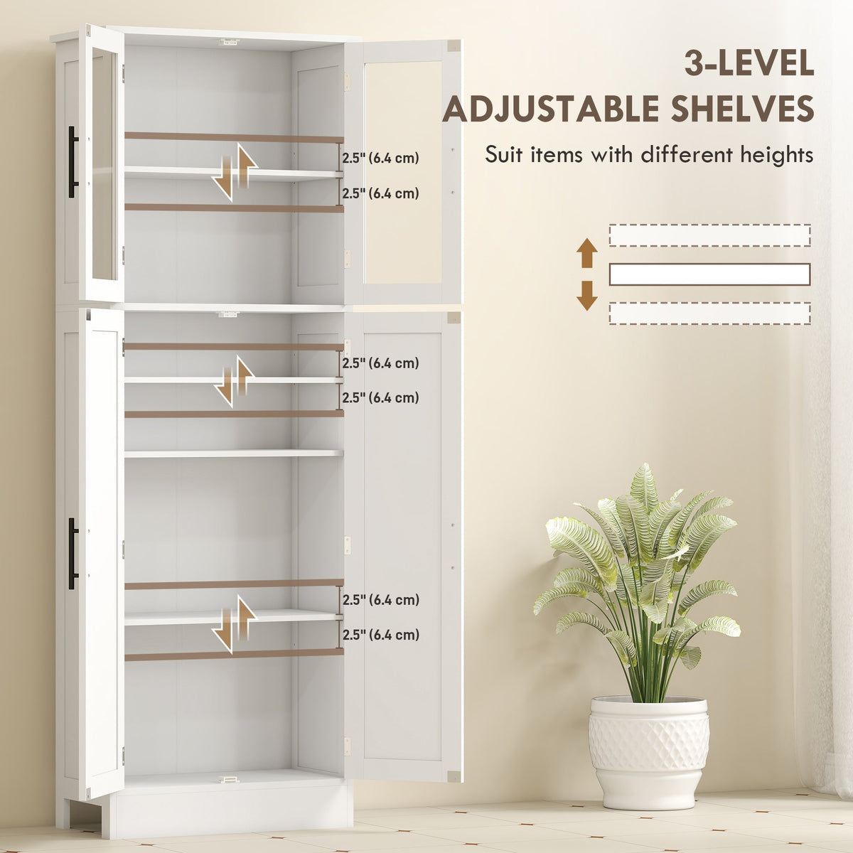 Tall Bathroom Cabinet with Glass Doors, Space-Saving Unit with Adjustable Shelves, Freestanding Storage, White