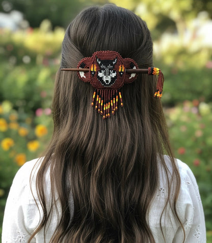 Wolf Fringed Beaded Barrette & Wooden Stick