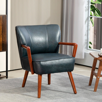 Accent Chair, Modern Armchair, Faux Leather Upholstered Living Room Chair with Wood Legs and Wide Padded Seat, Black