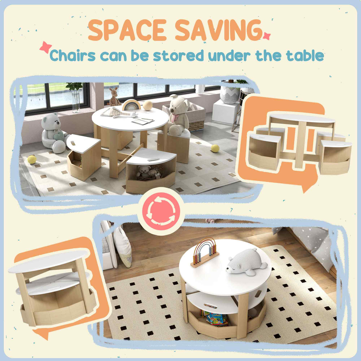 5 Piece Kids Table and Chair Set with Storage for Kids Room, Grey