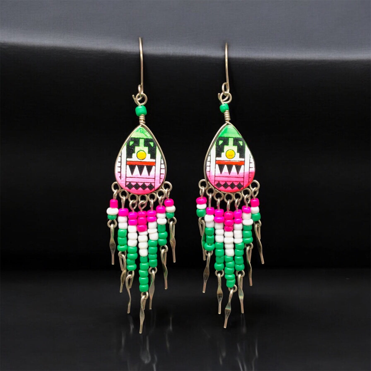 Small Sized Southwestern Pink and Green Teardrop Earrings
