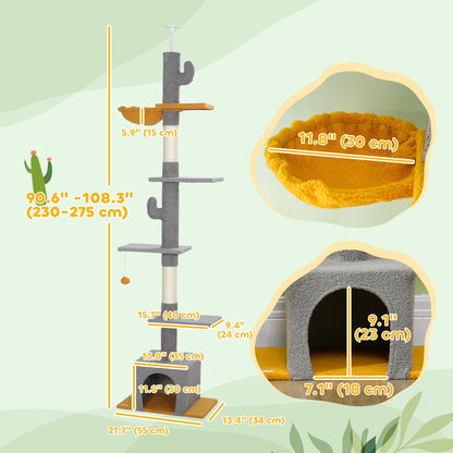 Floor to Ceiling Cat TreeTower with 90.5"-108" Adjustable Height, Scratching Posts, Hammock, Condo, Toy Ball, Dark Grey