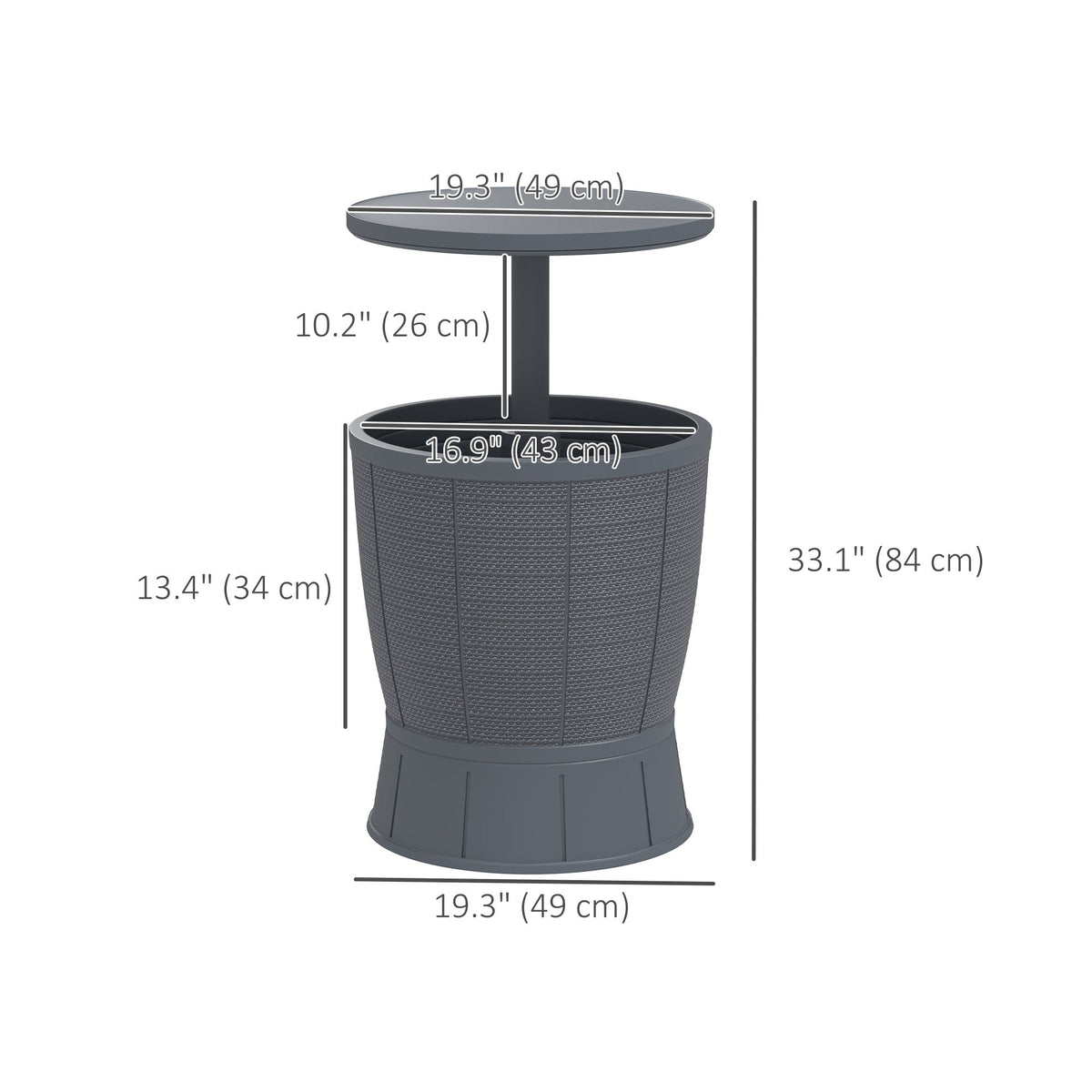 11 Gallon Patio Cooler Side Table, Outdoor Cooler Bar Table with Height Adjustable Top, Drainage Plug, Grey