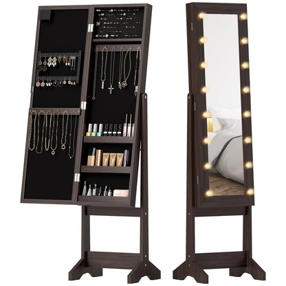 Free Standing Armoire Organizer, Lighted Mirrored Jewelry Cabinet w/ Angle Adjustable & 16 LED Lights Warm White