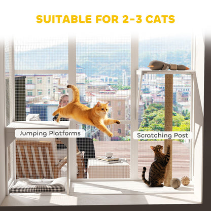 Wooden Catio Outdoor, Cat Window Box Enclosure for 2-3 Large Cats with 2 Jumping Platforms & Scratching Post, Grey