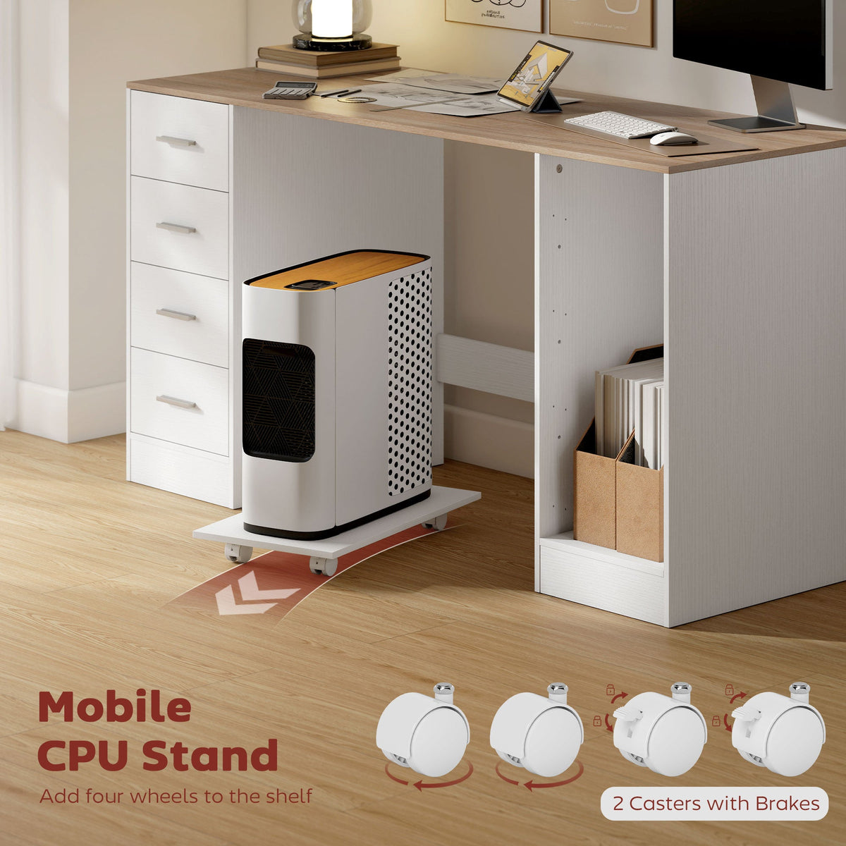 Office Desk, 55" Computer Desk with 4 Reversible Drawers, Mobile PC Stand, Adjustable Shelf, Black Wood Grain