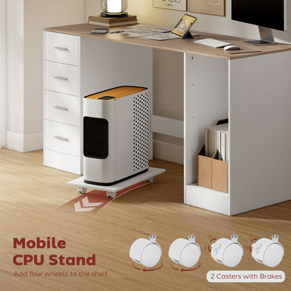 Office Desk, 55" Computer Desk with 4 Reversible Drawers, Mobile PC Stand, Adjustable Shelf, Black Wood Grain