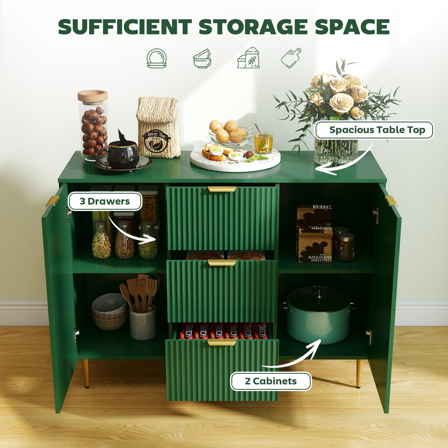 Ellis Modern Kitchen Buffet/Hallway Cabinet with 3 Drawers-Green