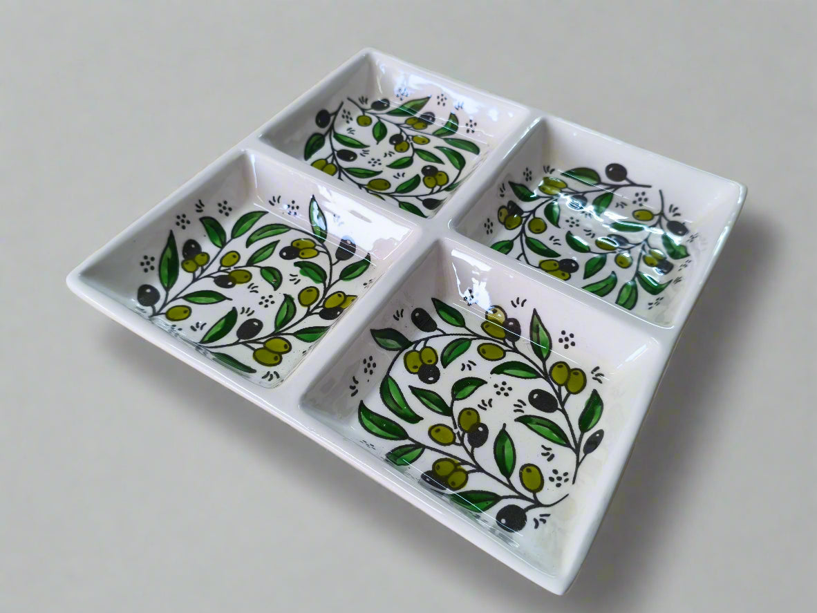 Handcrafted Ceramic Serving 4-Section Tray | For Nuts, Dips, and Appetizers | 9" by 9" size