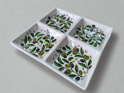 Handcrafted Ceramic Serving 4-Section Tray | For Nuts, Dips, and Appetizers | 9" by 9" size