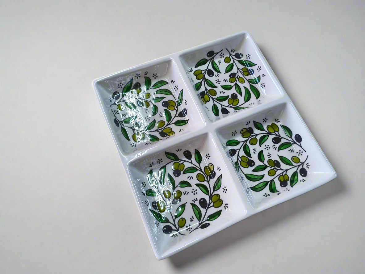 Handcrafted Ceramic Serving 4-Section Tray | For Nuts, Dips, and Appetizers | 9" by 9" size