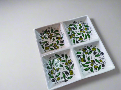 Handcrafted Ceramic Serving 4-Section Tray | For Nuts, Dips, and Appetizers | 9" by 9" size