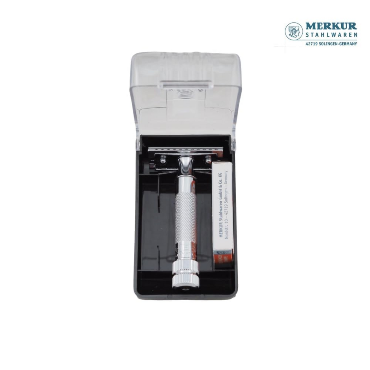 Merkur 34C 2-Piece DE Safety Razor, Closed Comb, Knurled Extra Thick Handle (HD), Chrome, in Hard Plastic Case with 10 Blades