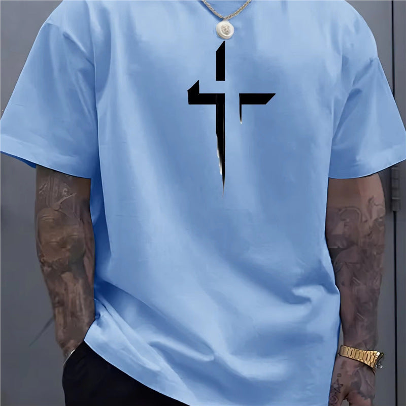 Street-style Mens Casual Loose-fit Cross-print Creative Sports Short-sleeve Top