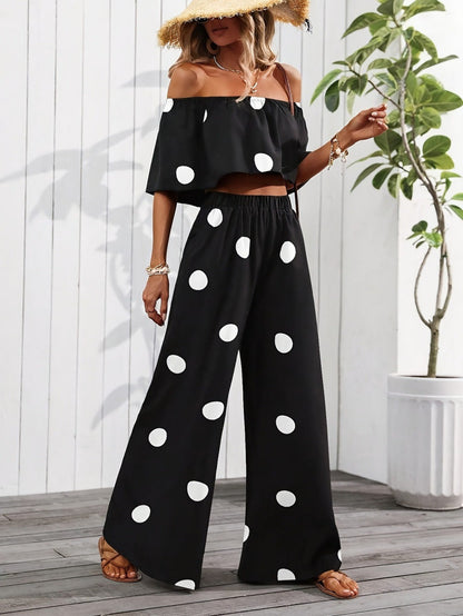 Womens Elegant Resort Polka-Dot Tube Top And Pants Set