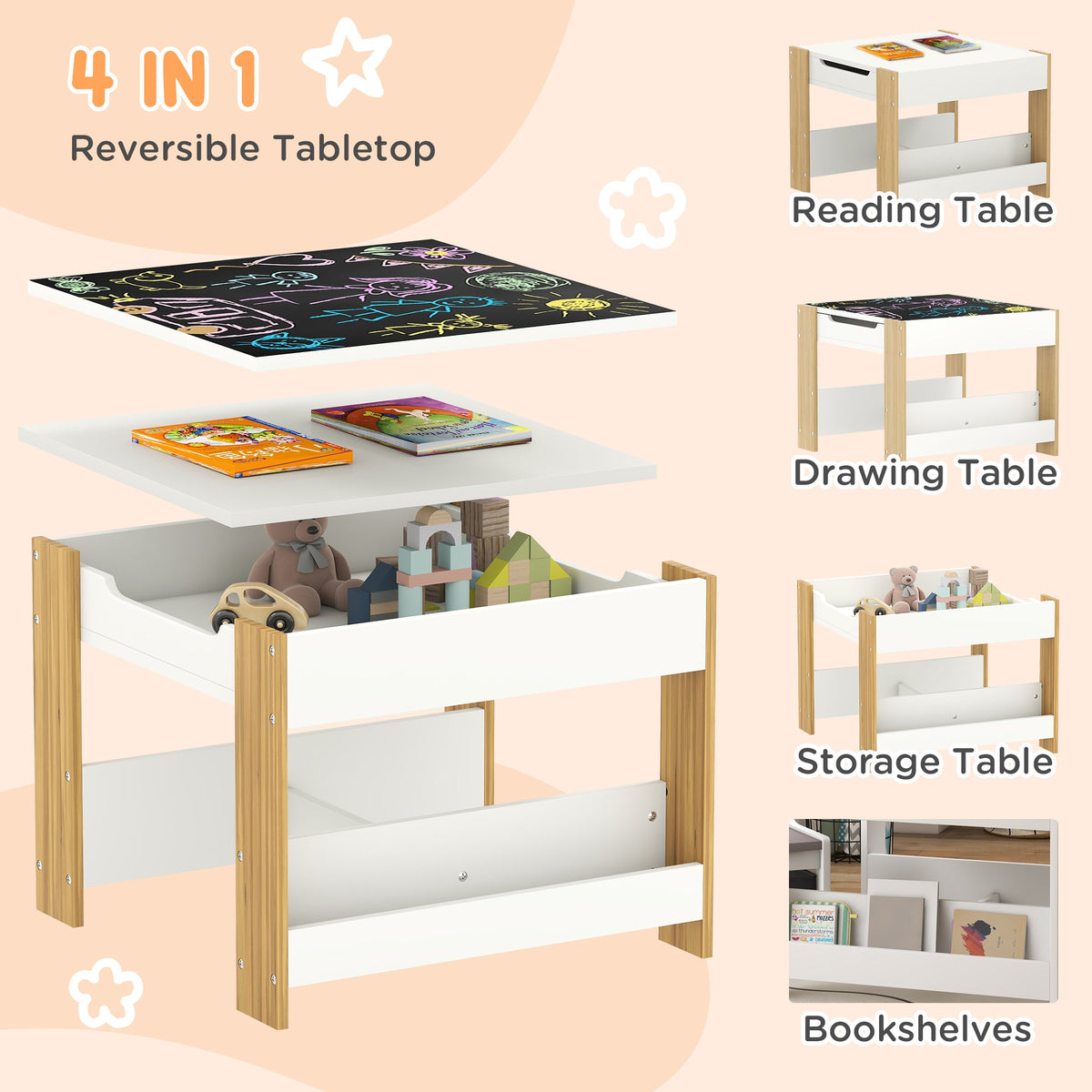 3 Piece Kids Table and Chair Set with Reversible Tabletop, Blackboard, Storage, Bookshelf, for Playroom, Nursery, Grey