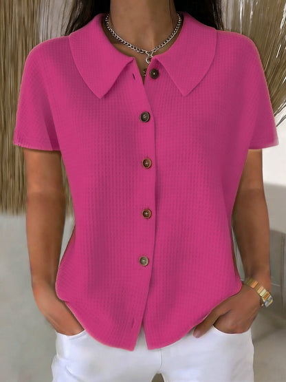 Turn-Down Collar Waffle Weave Solid Color Casual Loose Fit Short Sleeve Shirt - Women's Cotton Blend Lightweight Summer Top For Daily Wear
