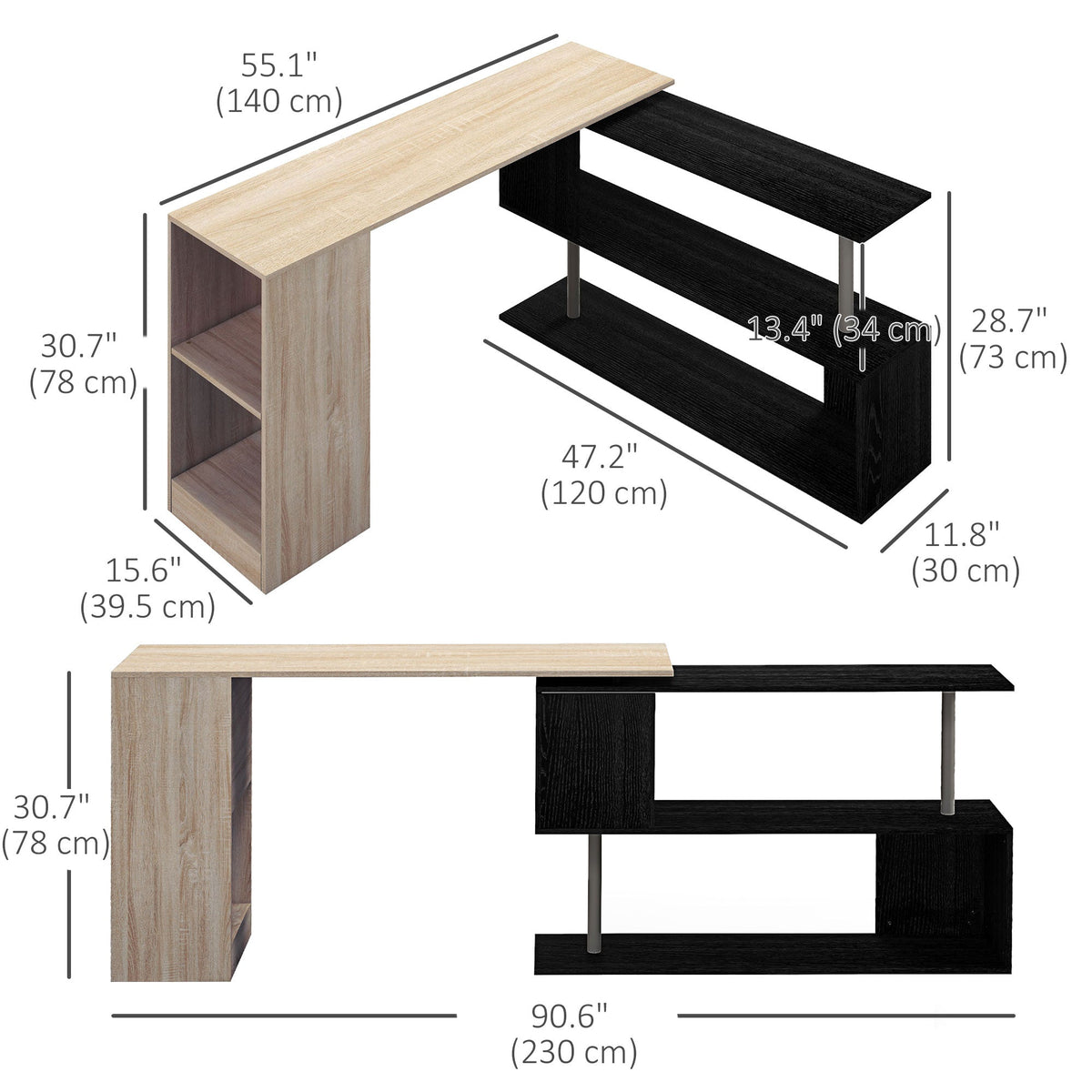 55" Corner Computer Desk, 360° Rotating L-Shaped Desk, Home Office Workstation with 3-Tier Shelves, Bookshelf, Black