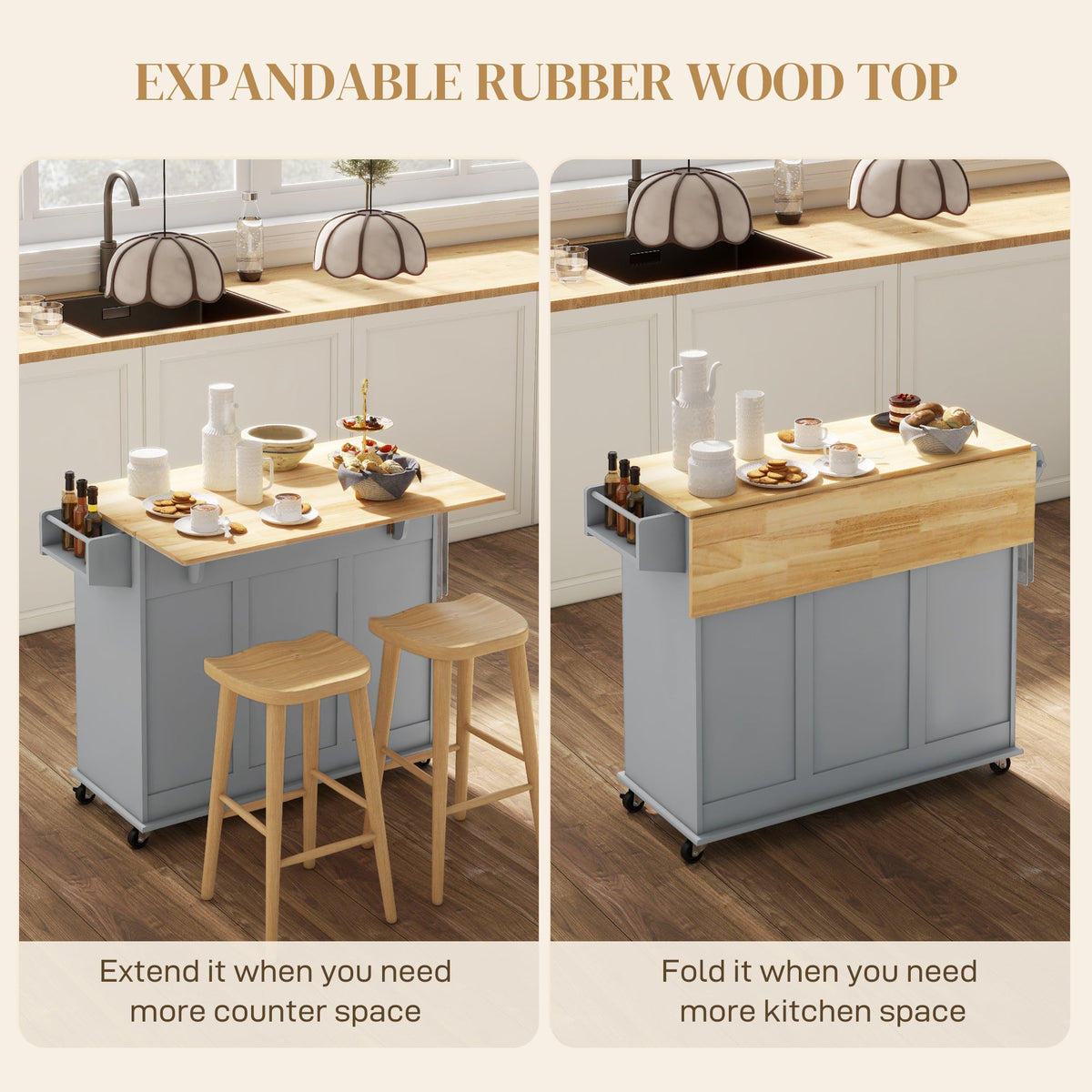 Kitchen Island on Wheels, Kitchen Cart with Drop Leaf, Drawers, Grey