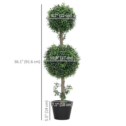 2 Pack 36.1" Artificial Trees, Boxwood Topiary Ball Trees with Pot for Indoor, Outdoor, Home Office, Living Room, Green