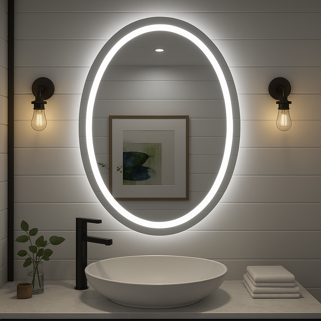 Noir Éclipse Oval LED Bathroom Mirror — Front Glow Frosted Ring + Back-Lit Halo, Dimmable, Anti-Fog & Memory (3000K/4000K/5000K) | 24"×32" or 30"×36" | CE & ETL Certified