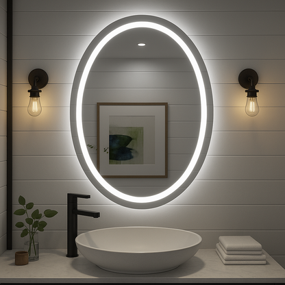 Noir Éclipse Oval LED Bathroom Mirror — Front Glow Frosted Ring + Back-Lit Halo, Dimmable, Anti-Fog & Memory (3000K/4000K/5000K) | 24"×32" or 30"×36" | CE & ETL Certified