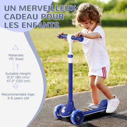 3 Wheel Kids Scooter, Toddler Kick Scooter with Adjustable Height, Rear-Fender Brake, LED Light, TPE Handlebar, Blue