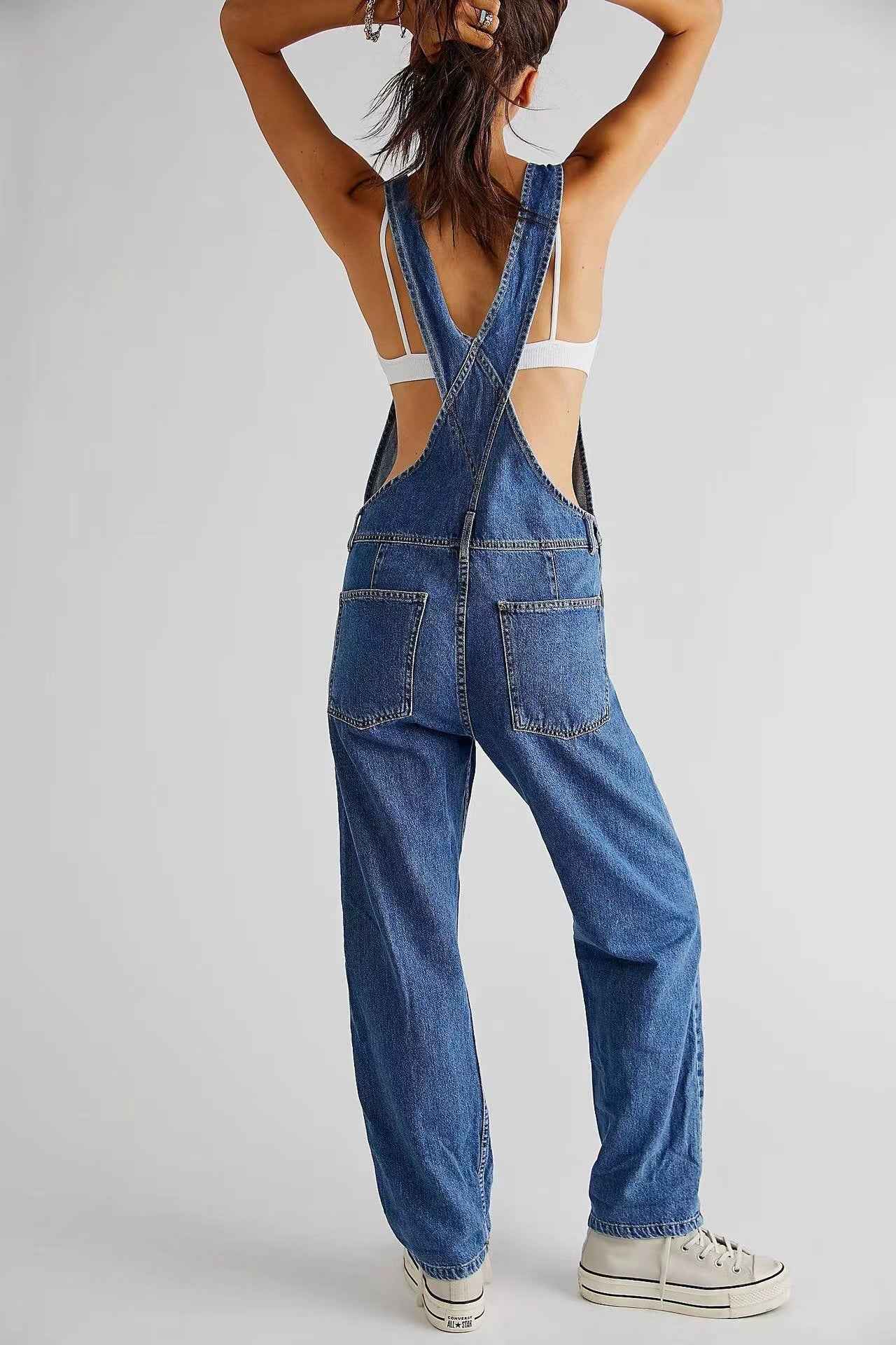 Women's High-Waisted Jumpsuit Overalls With Pockets Loose Fit Denim Trousers Casual Straight Leg Pants