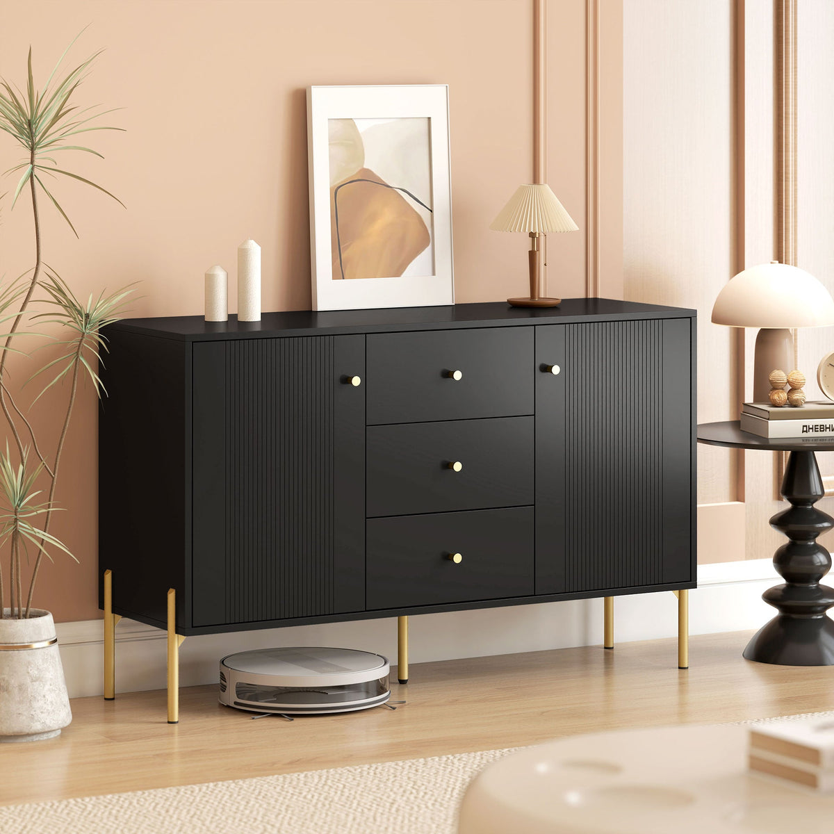 Buffet Cabinet, Modern Sideboard with 3 Soft-Close Drawers and 2 Adjustable Shelves for Living Room, Kitchen, Black